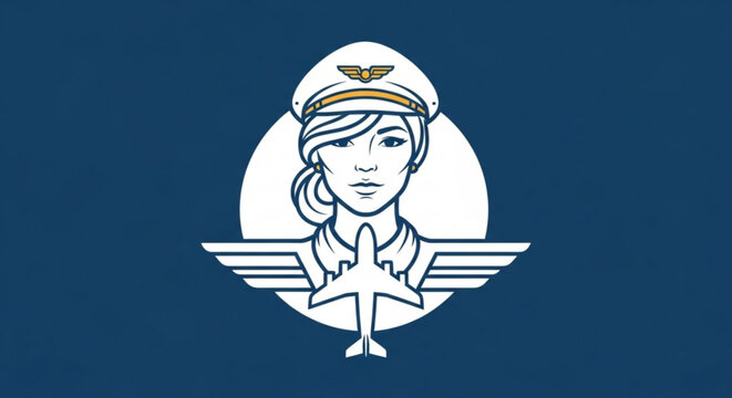 Female pilot logo with wings and hat on blue background for travel and aviation concepts