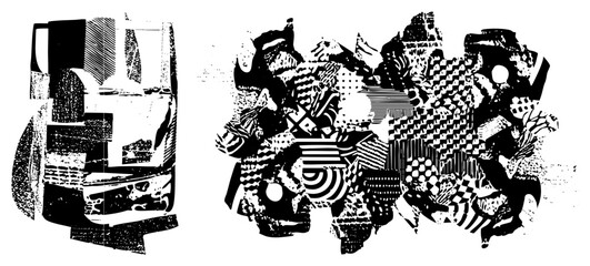 Obraz premium Dynamic halftone and stipple compositions, graphic design elements, modern art textures, bold shapes, abstract visual rhythm, vector illustration collage.