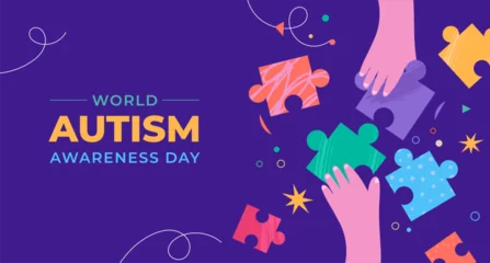 Fotobehang Karaktertjes World autism awareness day banner template and poster background with colorful puzzle pieces.  © Marina Zlochin