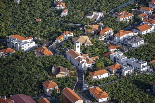 Church and houses between banana plantations from above, Madalena do Mar, Madeira, Portugal