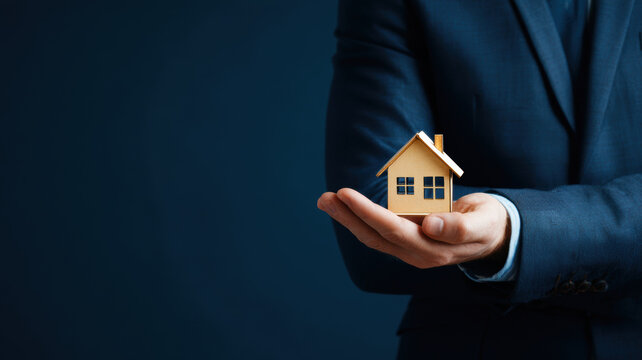 Real estate business market, house home building purchase sale. A man in a blue suit holding a wooden house model in his hands against a blue background.