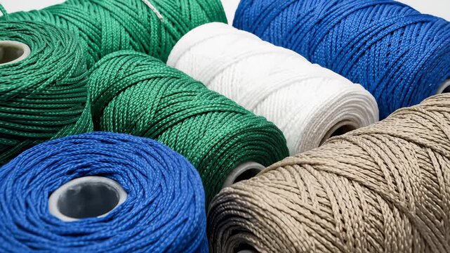 Assortment of Colorful Paracord Spools Rolling Slowly on White Background