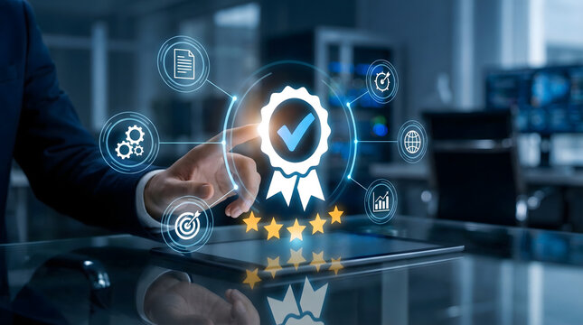 Quality assurance concept with virtual seal and checkmark,businessman touching certified badge,guaranteeing standard excellence,customer satisfaction,top approved service.