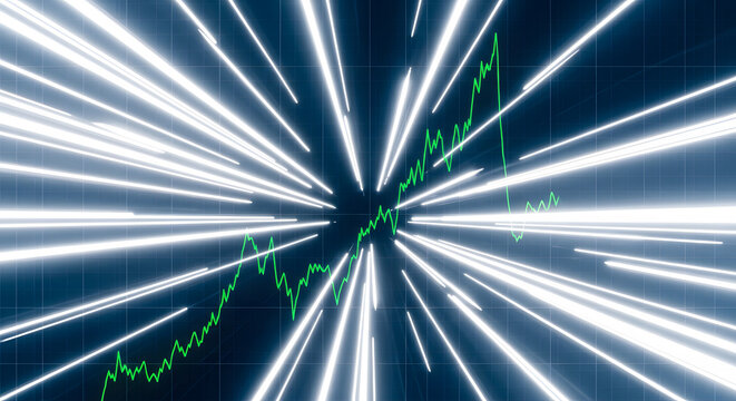 Green fluctuating financial graph chart over radiating white spe