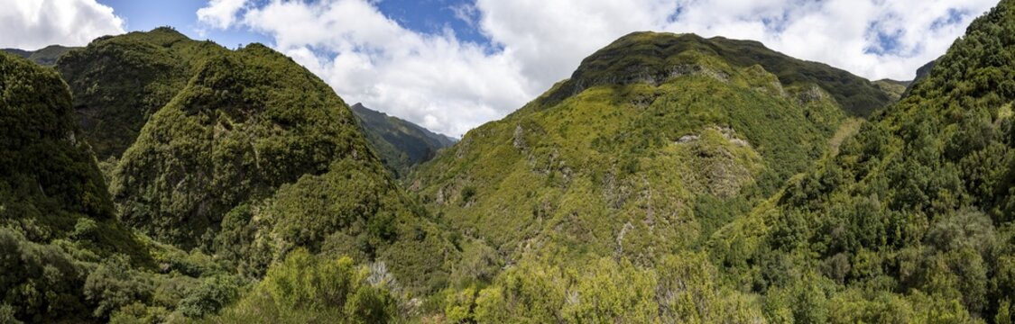 Panorama, Wooded mountains, View from the hiking trail at Levada das 25 Fontes, Rabacal, Madeira, Portugal