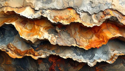 Abstract layered rock formation with rough textures and natural colors