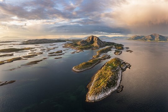 Mount Torghatten with surrounding islands, Br&oslash;nn&oslash;ysund, Helgoland, Helgeland coast, Norway