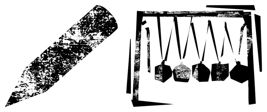 Stylized black and white pencil with distressed texture alongside Newton&rsquo;s cradle, physics pendulum, kinetic energy demonstration, educational tool, vector illustration.