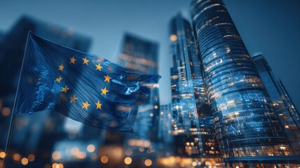 European Union Flag Against Modern Cityscape at Night, Representing Business and International Relations