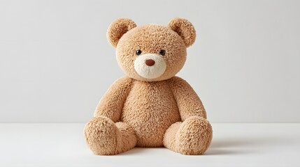 Obraz premium Adorable fluffy brown teddy bear toy sitting posed in a minimalist studio setting with a plain grey backdrop evoking feelings of childhood nostalgia comfort and warmth
