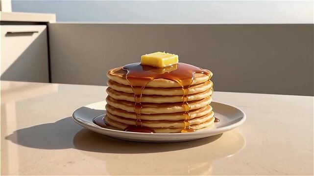 A stack of fluffy pancakes topped with melting butter and golden syrup, set against a bright background, evoking a sense of indulgence and comfort