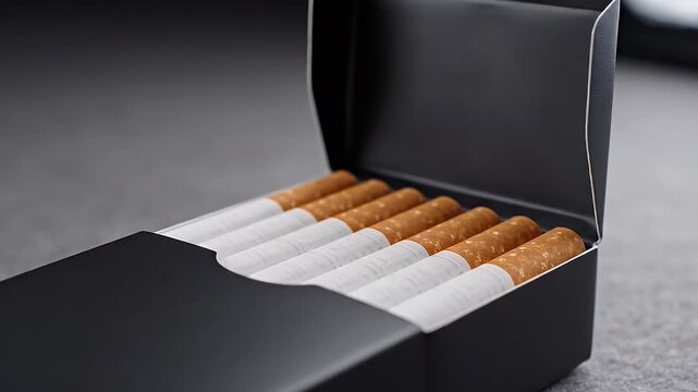 Black Cigarette Pack Opened Revealing Filtered Cigarettes on a Textured Surface