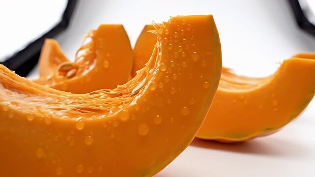 Bright Orange Pumpkin Slices with Water Droplets on White Background with Studio Lighting