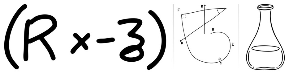 Naklejka premium Mathematical notation in script, geometric curve with labeled points, lab glassware sketch, educational vector art, science and math symbols.