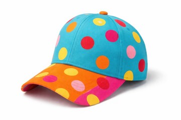 Fototapeta premium Brightly colored polka dot baseball cap with orange brim and pink back panel