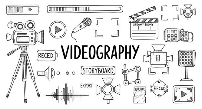 Collection of hand-drawn videography and filmmaking equipment icons and symbols