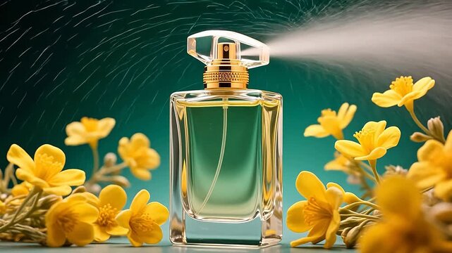 ElegantPerfumeBottlewithGoldenCapandYellowFlowers