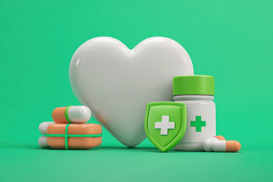 Healthcare Harmony: A heart icon symbolizes well-being, complemented by a protective shield and medicine, encapsulating the core principles of health and medication.