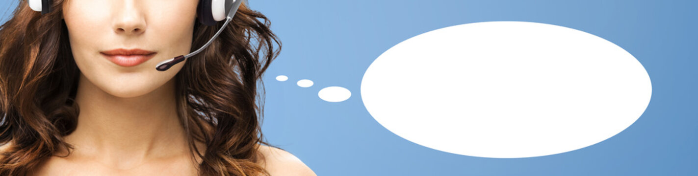 Representative call center. Half face businesswoman woman callcenter support phone operator in microphone headset, isolated blue background, empty mockup speech bubble. Customer service help concept