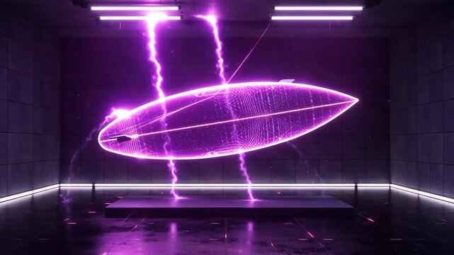 Futuristic glowing surfboard with neon purple light effects in a sleek, modern exhibition space showcasing digital technology