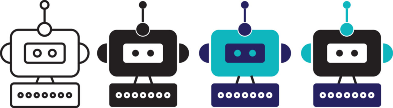 robot icons vector. robots icon in filled, thin line, outline and stroke style. Vector illustration of cute chatbot robot face icons. Sets of black robot smiling face icons.
