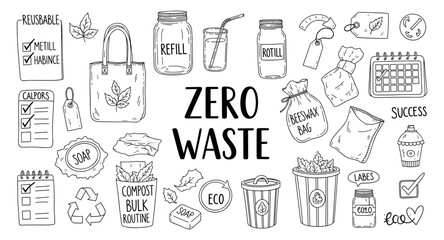 Collection of hand-drawn illustrations representing zero waste lifestyle and sustainable living concepts