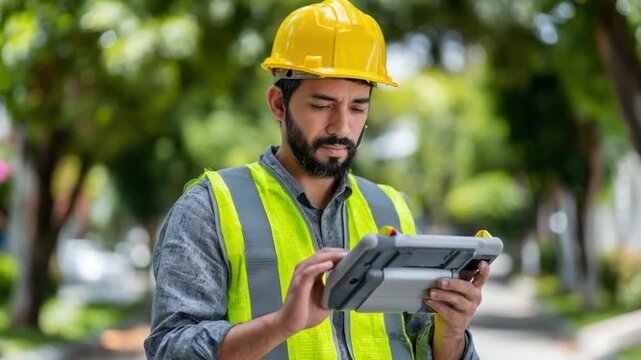 Focused Engineer at Work: A diligent engineer, donned in protective gear, meticulously studies data on a handheld device within an urban outdoor setting.