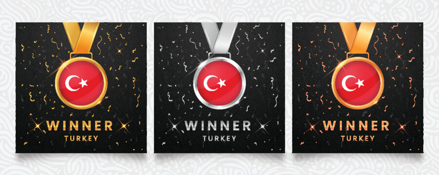 Premium Turkey winner set featuring gold, silver and bronze medals with the national flag design, displayed on a dark background with festive confetti and sparkling highlights