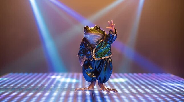 Animated frog character performing on stage under stage lighting