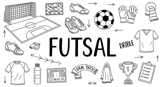 Futsal sport elements and equipment doodle illustration with text