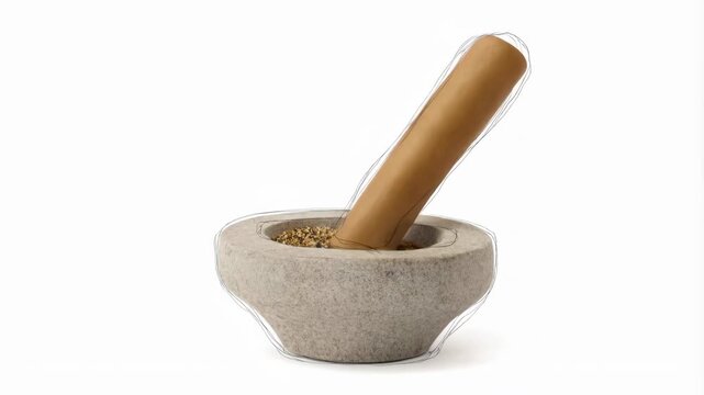 A close-up view of a gray stone mortar and pestle with spices visible inside, showcasing the texture and design of the utensils
