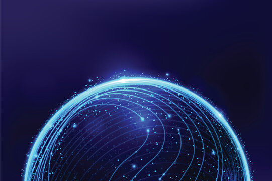 Digital communication network sphere background featuring blue glowing particles and curved lines illustrating global connectivity and data streaming