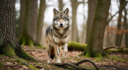 Obraz premium Wild grey wolf walking through a mossy forest looking at the camera