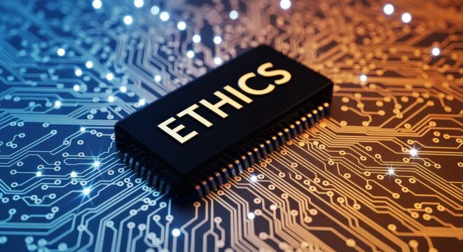 Ethical Artificial Intelligence: Microchip Displaying Ethics on Circuit Board, Future Technology and Ethical Considerations