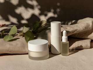Naklejka premium Mock up of skincare packaging cream jar, serum bottle, and toner placed aesthetically on a soft beige surface with shadows 