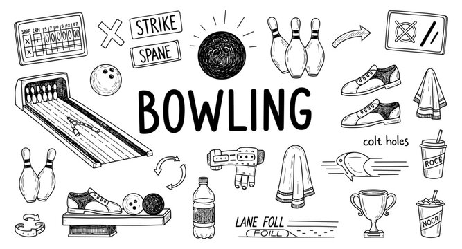 Collection of hand-drawn bowling elements and equipment for a sports illustration