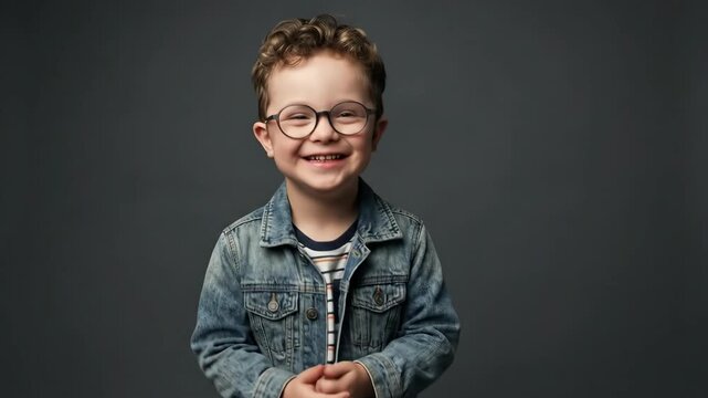 laughing caucasian boy with down syndrome wearing glasses and denim jacket. happy child portrait on grey background. inclusivity concept. healthcare, education, social campaign.