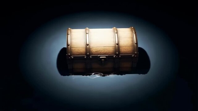 An illuminated treasure chest casting reflections on a dark surface, creating a mysterious and dramatic atmosphere