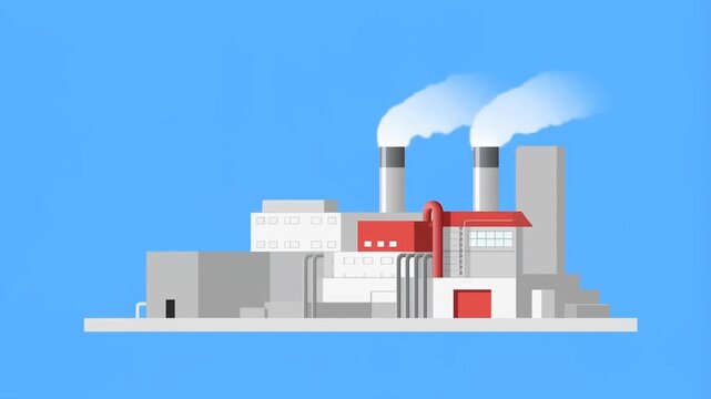 Illustration of an industrial factory with smoke stacks and geometric design elements on a vibrant blue background