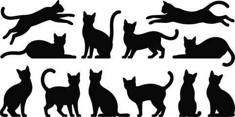 Cat silhouette collection showing different poses, jumping, sitting, walking feline shapes in black vector illustration set © Mosharaf Creative