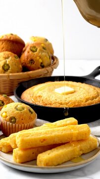 Pouring Honey Over Hot Cornbread in Skillet With Jalapeno Corn Muffins and Sticks