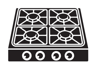 Four Burner Gas Stove Top Icon with Control Knobs, Black Silhouette