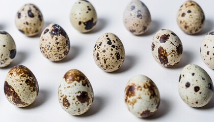 Obraz premium Brown and Cream Quail Eggs on White Surface for Creative Projects