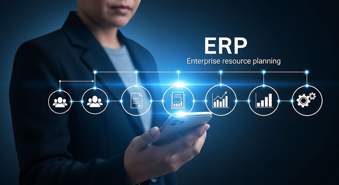 Business professional interacting with ERP system management software icons