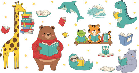 Fototapeta premium Cute animals reading books illustration set with giraffe bear tiger frog and kids learning cartoon characters