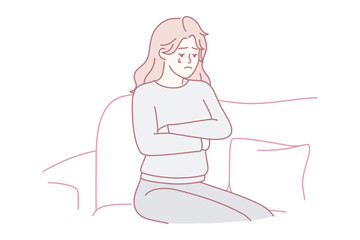 Upset woman crying sitting on couch because of breakup with boyfriend or death of loved one. Unhappy girl in casual clothes with arms crossed is going through after losing job. Flat vector image