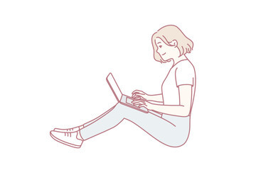 Positive woman freelancer sitting on floor near wall with laptop on lap. girl works remotely in comfortable environment performing instructions of manager via Internet. Flat vector illustration