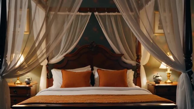 Luxurious four-poster bed adorned with soft linens and warm, ambient lighting, creating a cozy and inviting atmosphere in a vintage-themed room