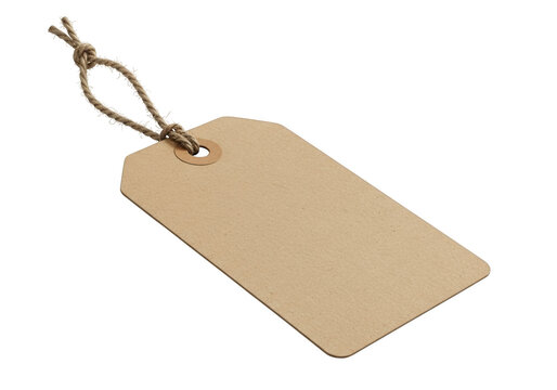 Blank rectangular brown kraft paper tag with rope string isolated on transparent background