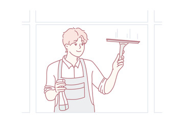 Man washes windows using brush and spray bottle with detergent, outside view of building. Guy employee of cleaning company in work uniform cleans up business center. Flat vector illustration